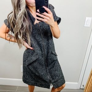 KARL LAGERFELD Wool Zip Front Mini Tweed Shirt Dress in Black/Grey Size L